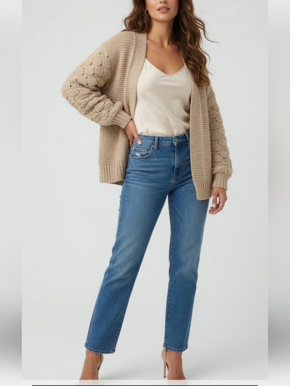 Cotton Emporium Textured Knit Cardigan - Beige (M)